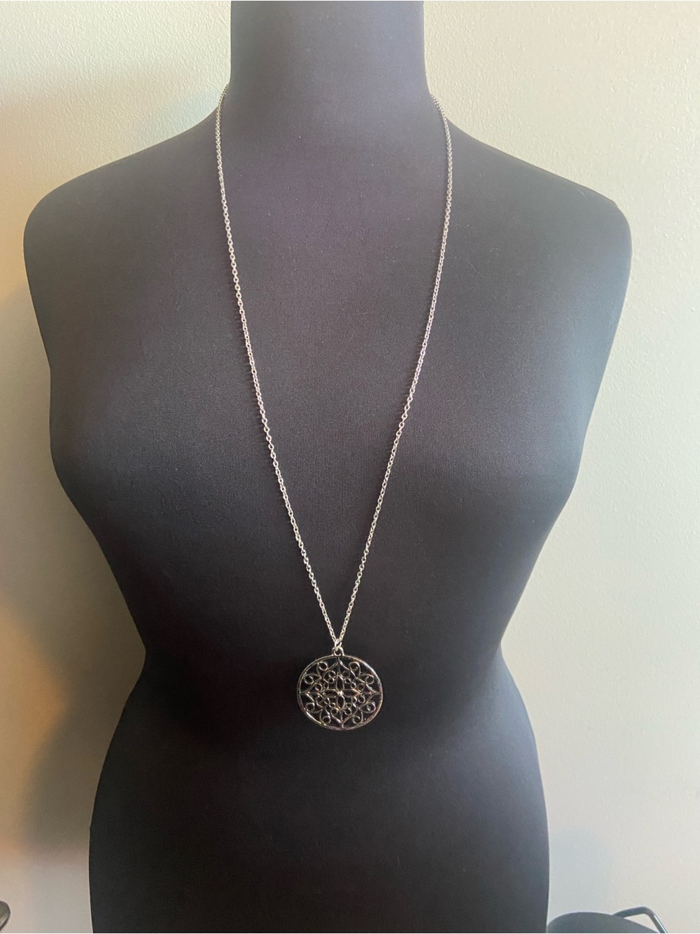 Silver Filigree Round Pendant Long Necklace - Silver